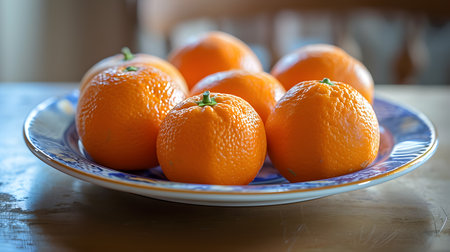 Ripe tangerines on a blue plate on a wooden tableの素材