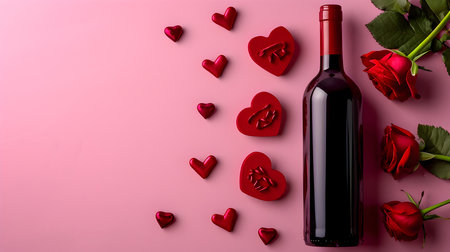 Valentine's day background with red wine bottle, rose and hearts on pink backgroundの素材