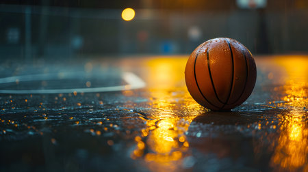 Basketball ball on the floor in the street at night time.の素材
