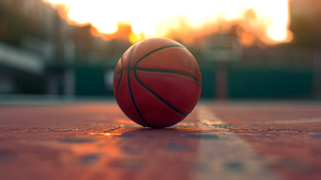 Basketball ball on the court during sunset.の素材