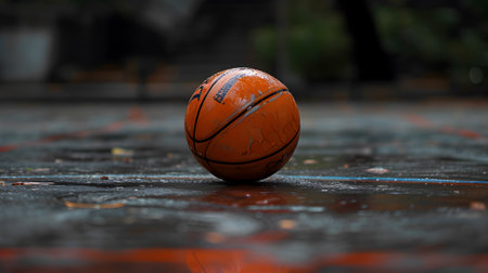 basketball ball on the floor of a basketball court, close-upの素材