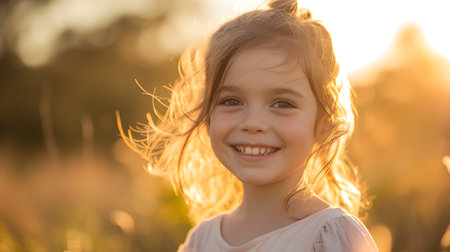 Portrait of a cute little girl in the rays of the setting sunの素材