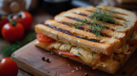 Sandwich with cheese, tomato and herbs on a wooden board.の素材