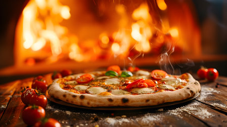 pizza in front of the fireplace on a wooden table in the kitchenの素材