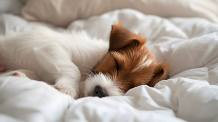 Cute dog sleeping on white bed. Puppy of Cavalier King Charles Spaniel.の素材