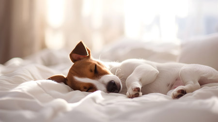 Jack russell terrier puppy sleeping on the bed at homeの素材