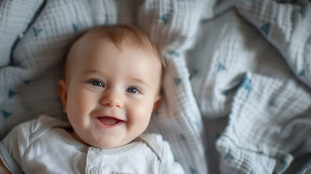 Cute baby boy lying on the bed and smiling. Top view.の素材