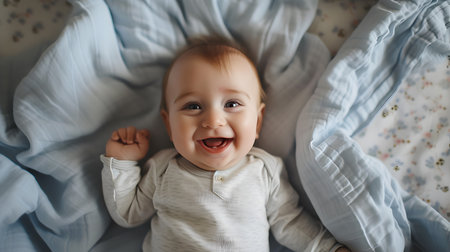 Cute baby boy lying in bed and laughing. Top view.の素材