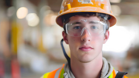 Portrait of a young male worker in hardhat and reflective vest looking at cameraの素材