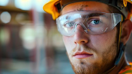 Portrait of a young male construction worker wearing safety goggles and helmetの素材