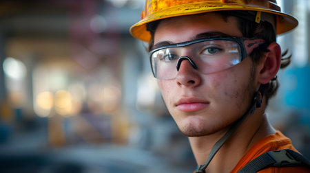 Portrait of a young male worker in a hardhat and glassesの素材