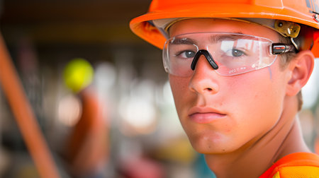 Portrait of a young female construction worker wearing safety goggles and hardhatの素材