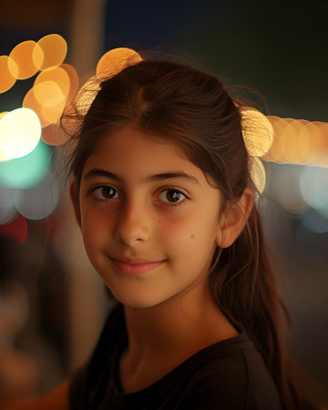 Portrait of a beautiful little girl on the street in the eveningの素材