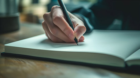 Close up of a woman's hand writing in notebook on wooden tableの素材