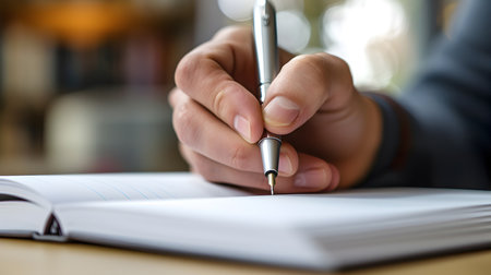 Close-up Of Businessman's Hand Writing On Notebook In Officeの素材