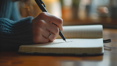 Close up of woman writing in notebook on wooden table at home.の素材