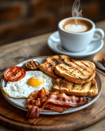 Breakfast with fried eggs, bacon, toasts and coffee.の素材