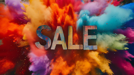 Sale word in colorful smoke on black background. 3D renderingの素材