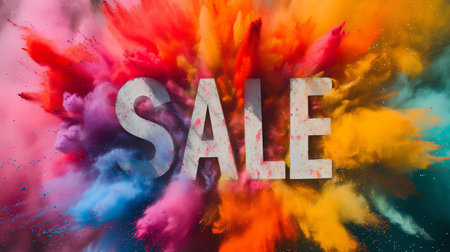 Sale text in colorful explosion of smoke. 3D rendering.の素材