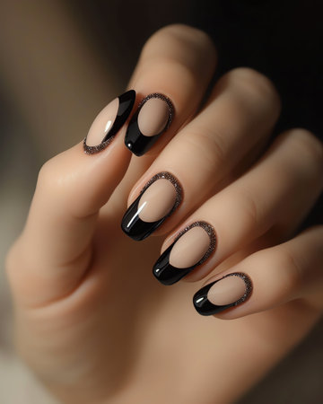 Female hand with black nail design. Nail polish manicure.の素材
