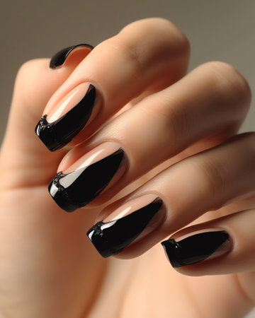 Female hand with black nail design. Nail polish manicure.の素材