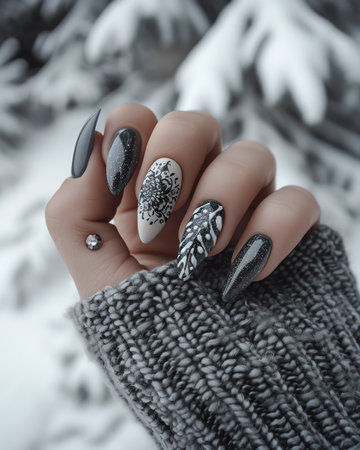 Female hand with black nail design. Glitter silver nail polish manicure. Female hand with black manicure on winter background.の素材