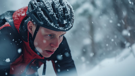 Portrait of a man in a mountain bike helmet on a background of a snowy forestの素材