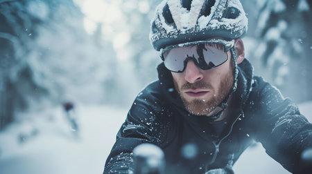 Handsome bearded man in sportswear and helmet riding on snow covered roadの素材