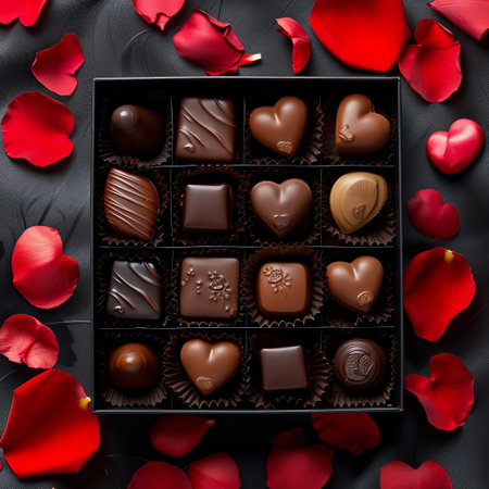Box of assorted chocolates and rose petals on black backgroundの素材