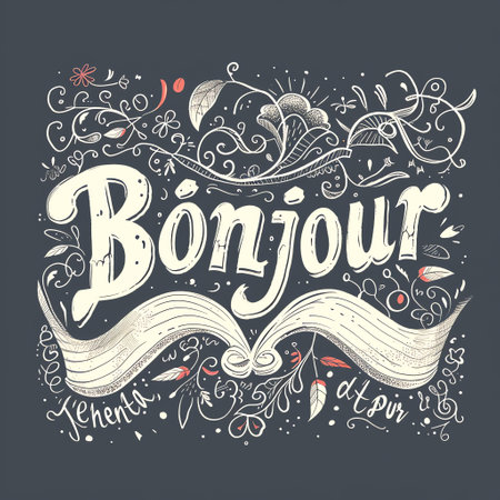 Bonjour hand lettering with doodle elements. Vector illustration.の素材