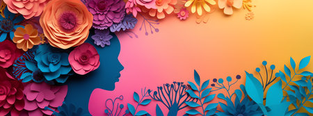 Woman face silhouette with flowers. Paper art style.の素材