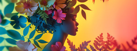3d rendering of beautiful woman with flowers in her hair on colorful backgroundの素材
