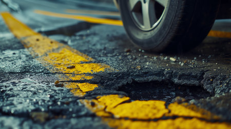 Close up of a car wheel on a wet asphalt road with yellow marking linesの素材
