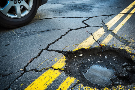 Broken asphalt road with cracks and yellow line on asphalt surface.の素材