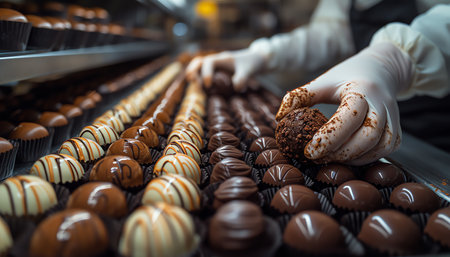 Close-up of the hands of a confectioner in a white glove holding a chocolate candies.の素材