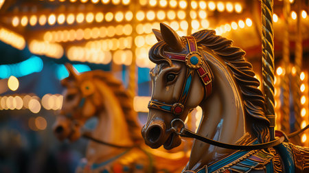 Close up of a horse on a merry-go-round at the amusement parkの素材