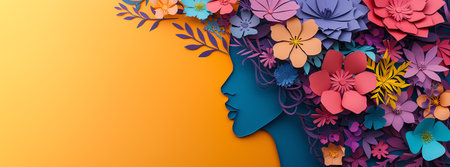 Paper cut of human face with colorful flowers. 3D illustration.の素材