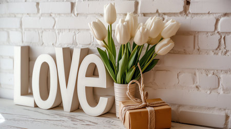 Bouquet of white tulips and gift box on a white brick wall backgroundの素材