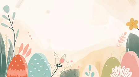 Easter background with eggs and spring flowers. Hand drawn vector illustration.の素材
