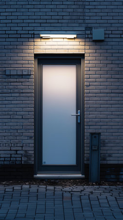 3d rendering of door on brick wall background with street light.の素材