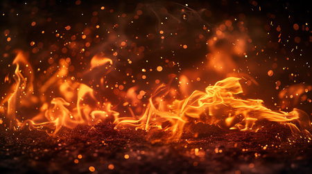Flame of fire with sparks on a black background close-upの素材