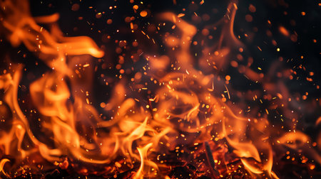 Flames of fire with sparks on a black background close-upの素材