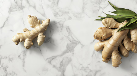 Ginger root on white marble background. Top view, flat layの素材