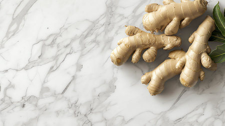 Fresh ginger root on white marble background. Top view with copy spaceの素材