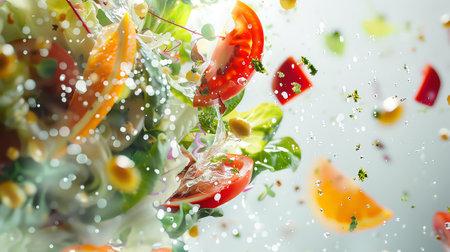 Fresh vegetable salad with splashes and drops of water on white backgroundの素材