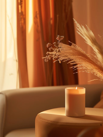 Candle and dry grass on table in living room, closeupの素材