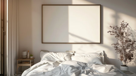 Mock up poster frame in bedroom interior background, 3D renderの素材