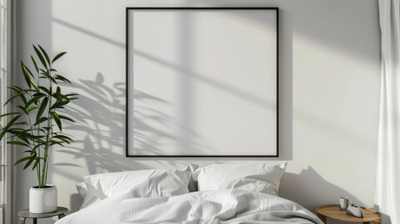 White bedroom interior with empty poster on wall. Mock up, 3D Renderingの素材