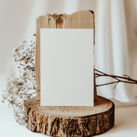 Blank white paper card on a wooden stand with dry flowers.の素材