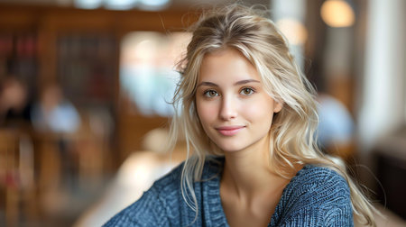 Portrait of a beautiful young woman with blond hair in a cafeの素材